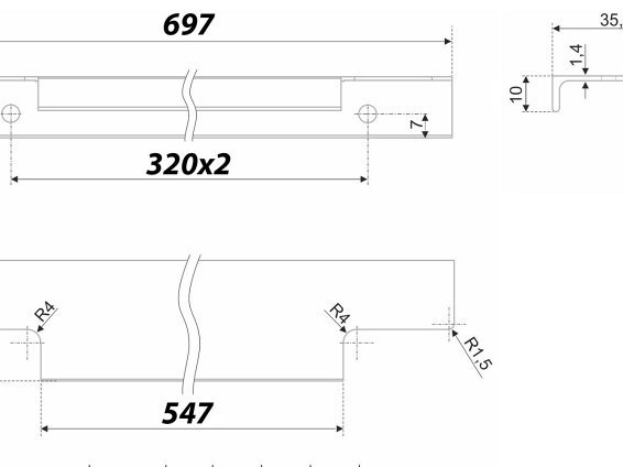 Ray торцевая мебельная ручка для фасадов 700 мм нержавеющая сталь
